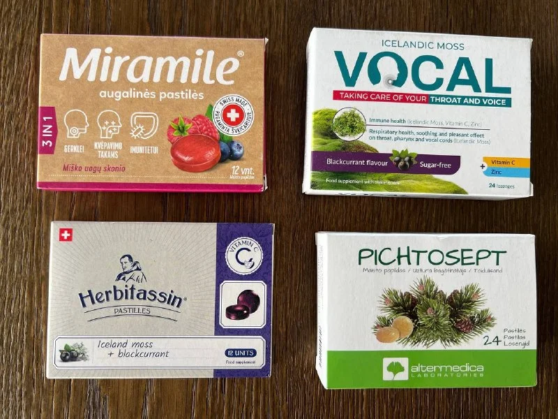 Пастилки от боли в горле Pichtosept, Vocal, Miramile, Herbitassin